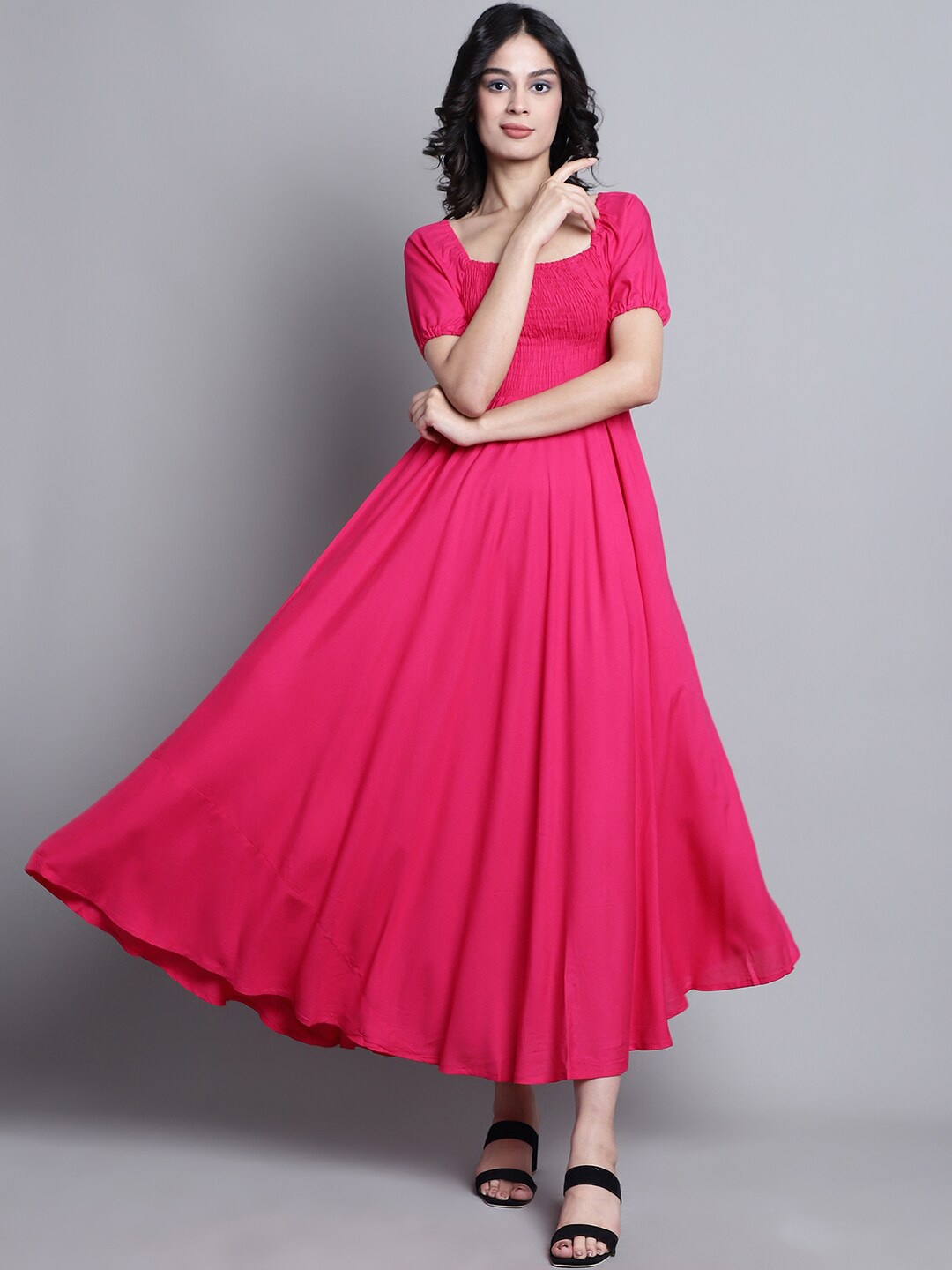 

BAESD Square Neck Puff Sleeves Smocked Fit & Flare Midi Dress, Pink