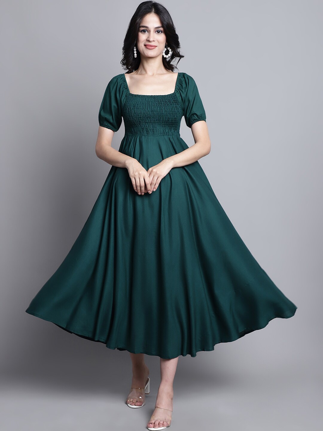 

BAESD Square Neck Puff Sleeves Smocked Fit & Flare Midi Dress, Green