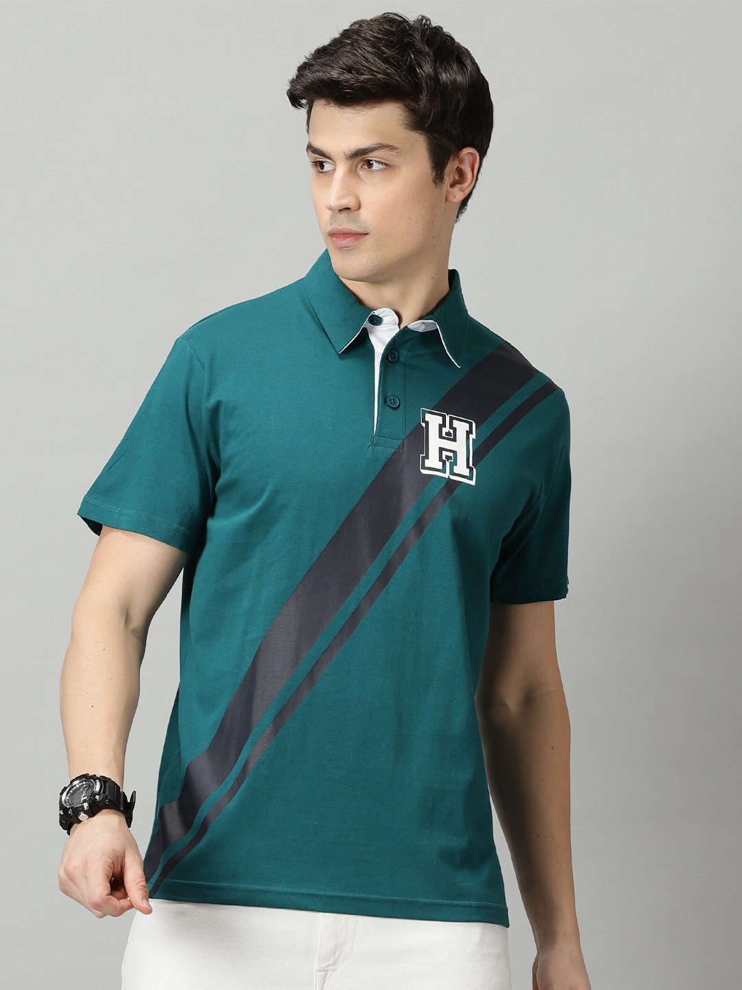 

THE HOLLANDER Striped Polo Collar Cotton T-shirt, Teal