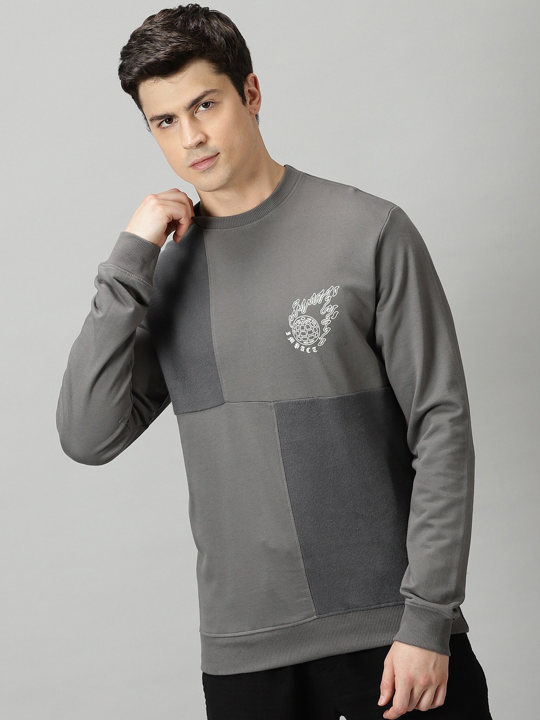 

THE HOLLANDER Colourblocked Regular Fit Cotton Casual Sweatshirt, Grey