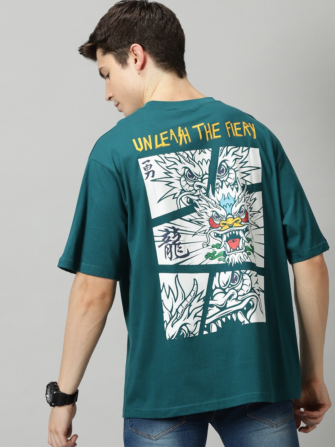 

THE HOLLANDER Graphic Printed Drop Shoulder Sleeves Oversized Cotton Casual T-shirt, Teal