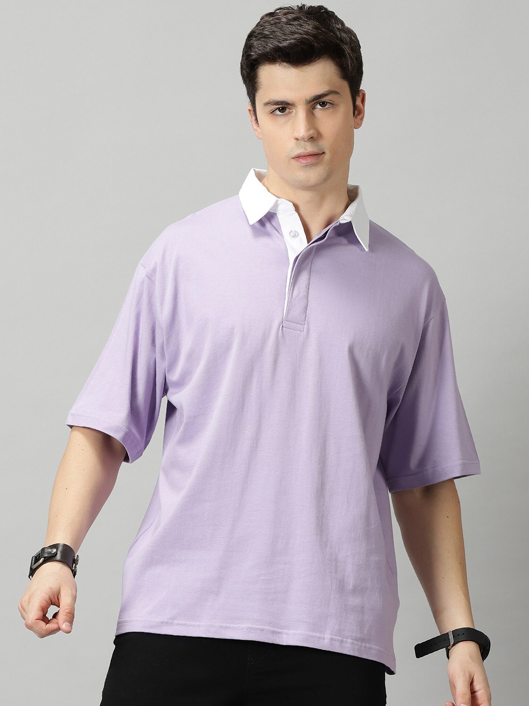 

THE HOLLANDER Polo Collar Drop-Shoulder Sleeves Oversized Cotton T-shirt, Purple