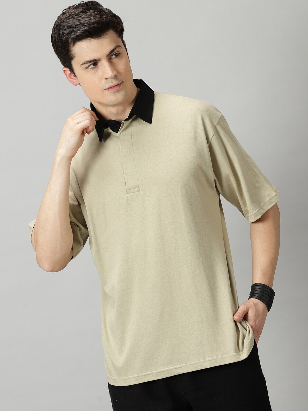 

THE HOLLANDER Polo Collar Drop Shoulder Sleeves Oversized Cotton Casual T-shirt, Beige