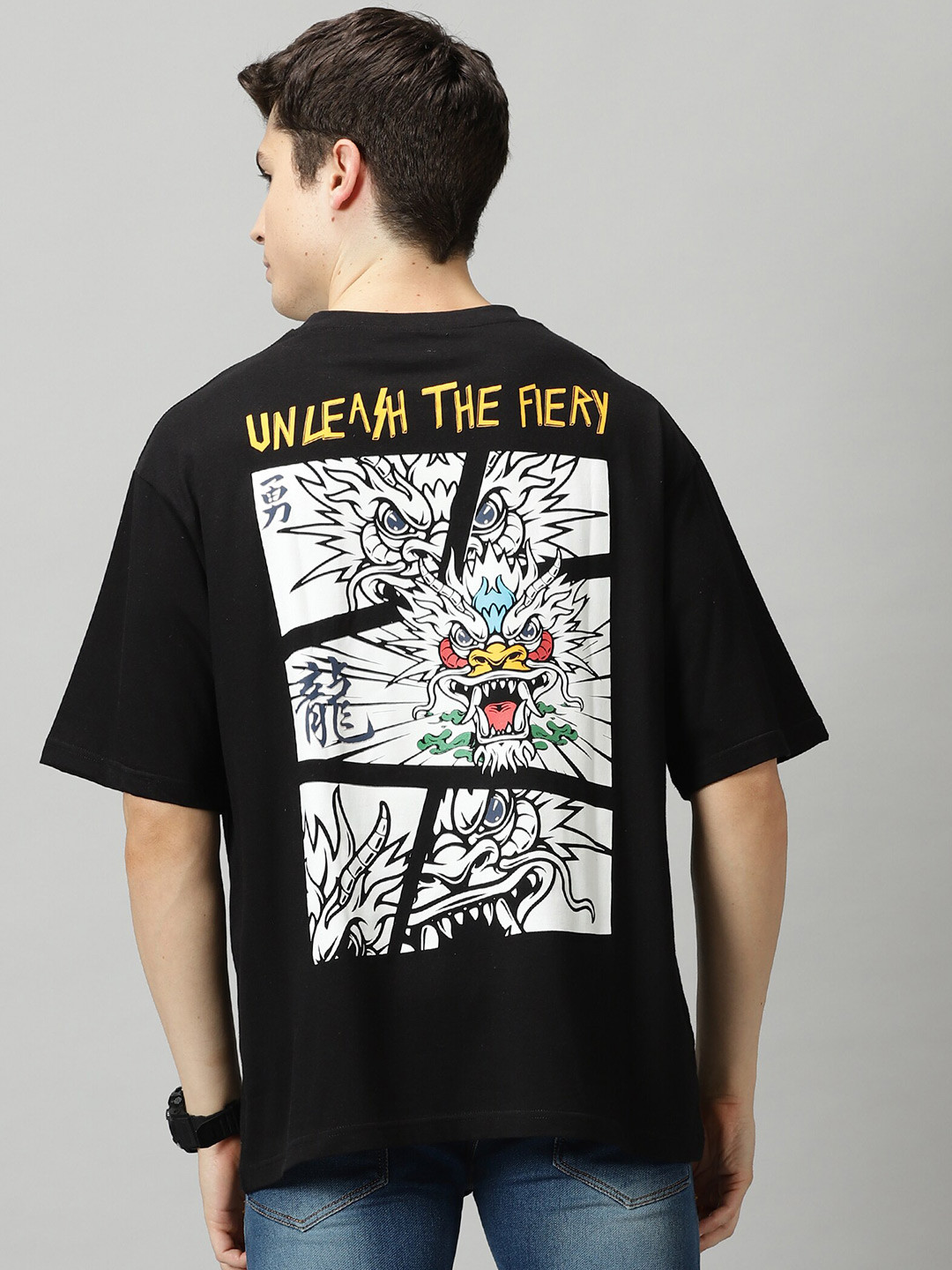 

THE HOLLANDER Graphic Printed Drop Shoulder Sleeves Oversized Cotton Casual T-shirt, Black