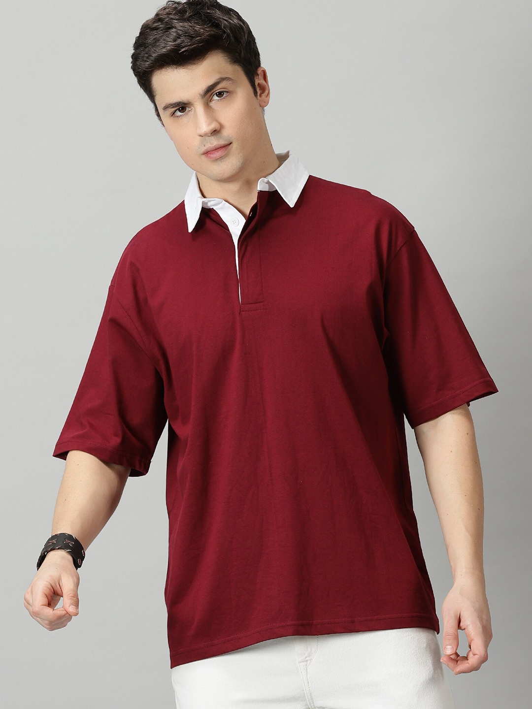 

THE HOLLANDER Polo Collar Drop-Shoulder Sleeves Oversized Cotton T-shirt, Maroon