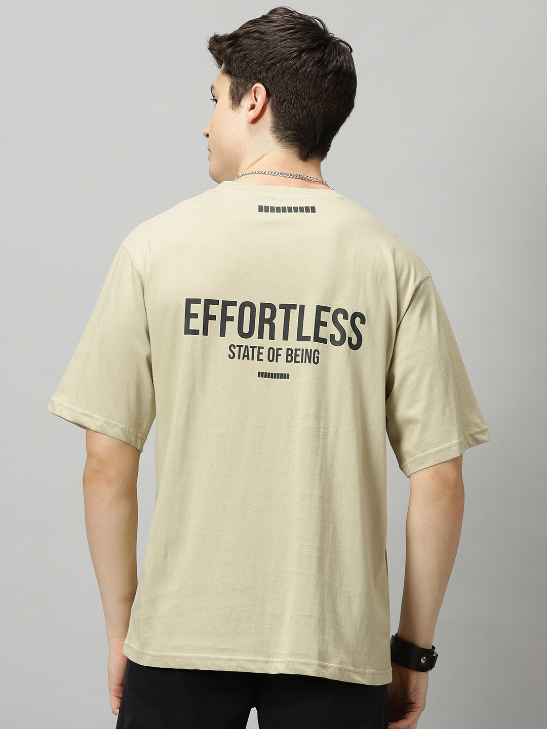 

THE HOLLANDER Typography Printed Drop Shoulder Sleeves Oversized Cotton Casual T-shirt, Beige
