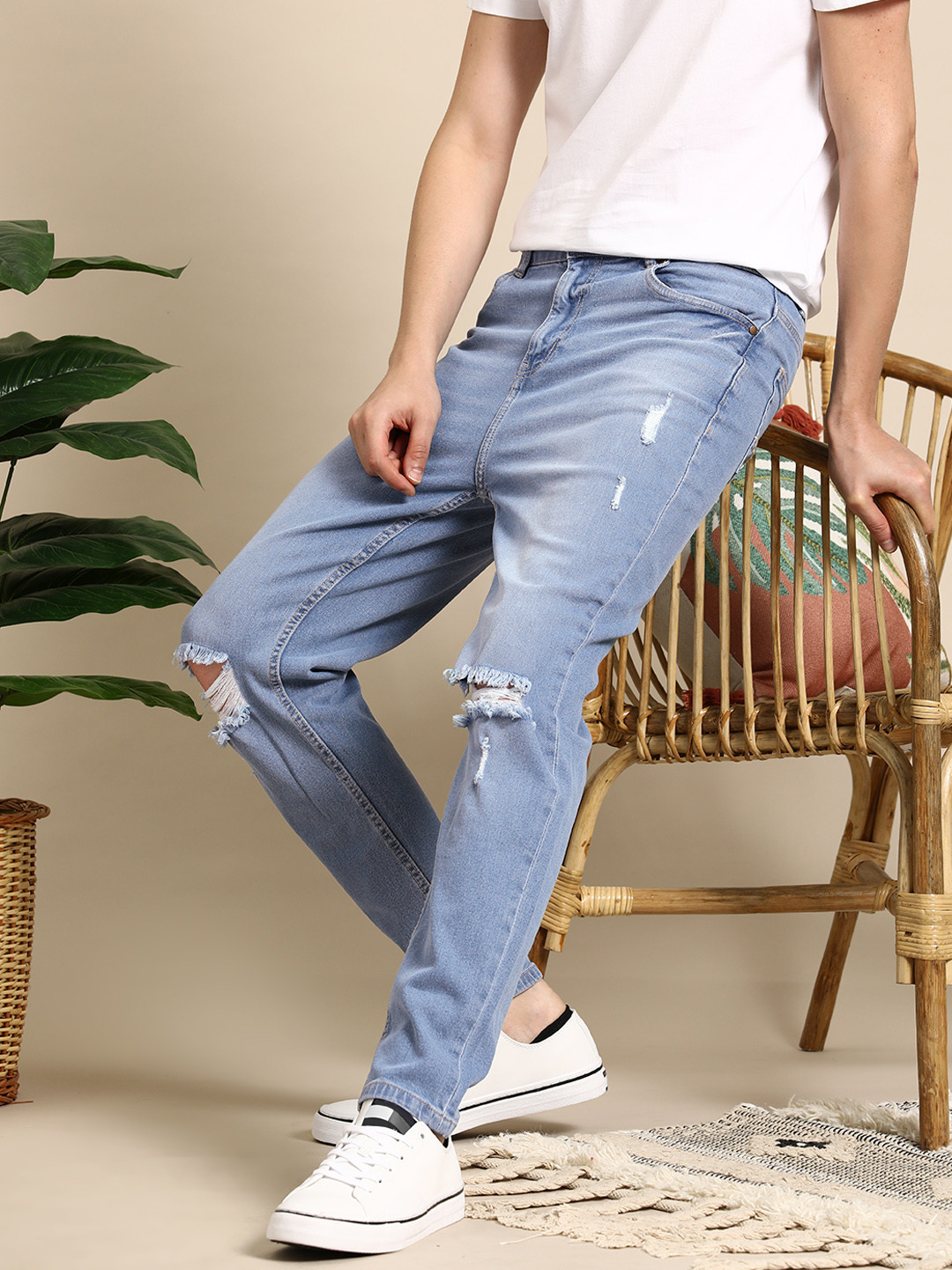 

Mast & Harbour Men Slim Fit Highly Distressed Light Fade Jeans, Blue