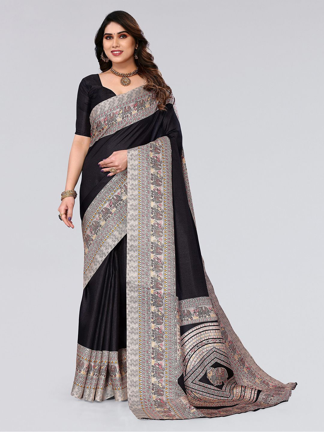 

KALINI Ethnic Motifs Printed Border Saree, Black