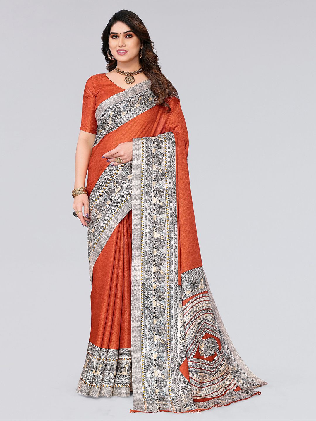 

KALINI Ethnic Motifs Printed Border Saree, Orange