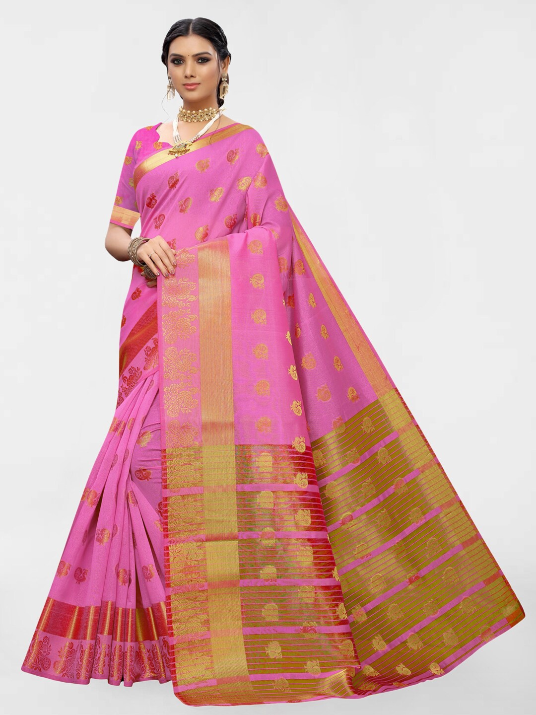 

KALINI Ethnic Motifs Woven Design Zari Silk Blend Saree, Pink