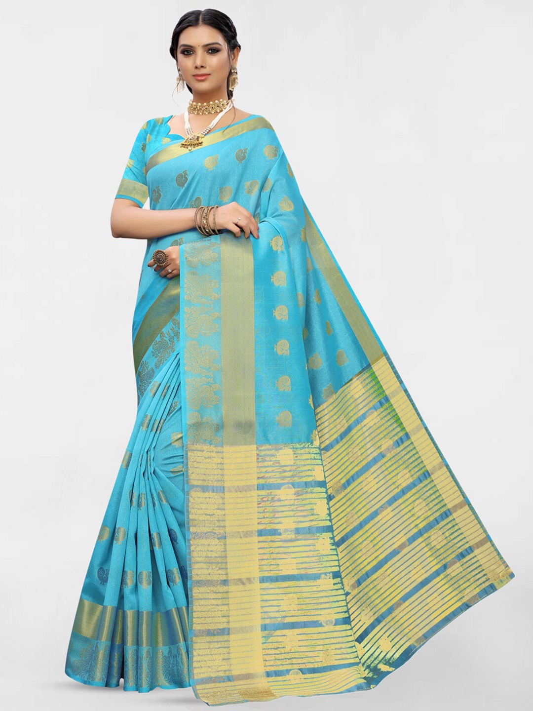 

KALINI Ethnic Motifs Woven Design Zari Silk Blend Saree, Blue