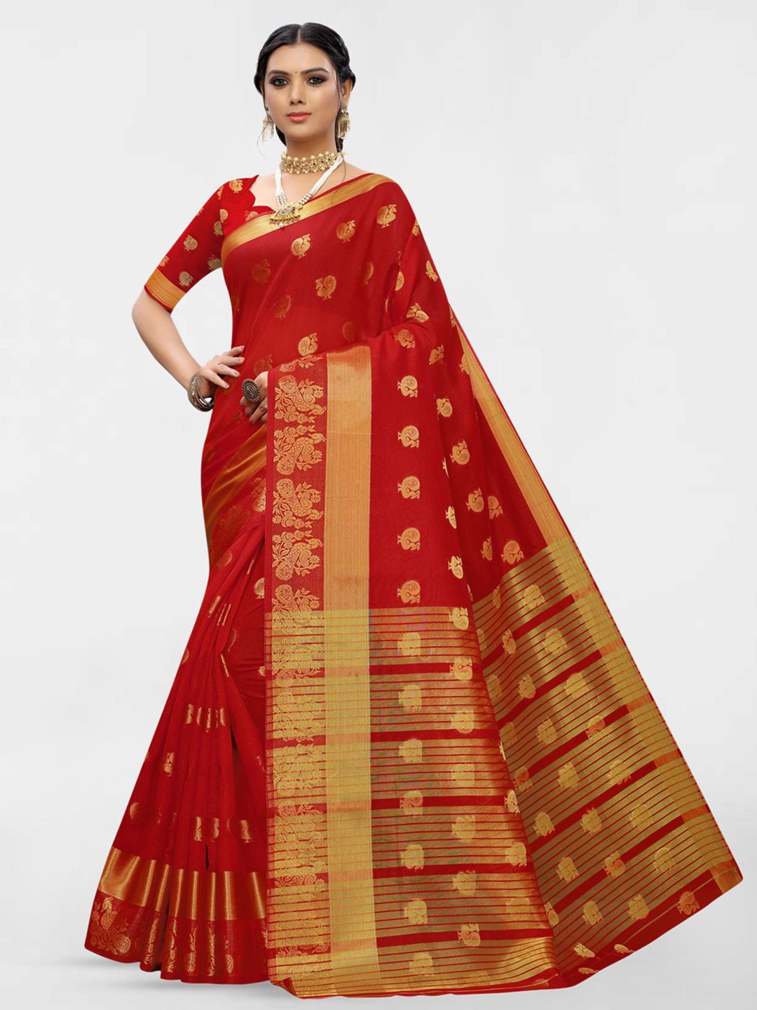 

KALINI Ethnic Motifs Woven Design Zari Silk Blend Saree, Red