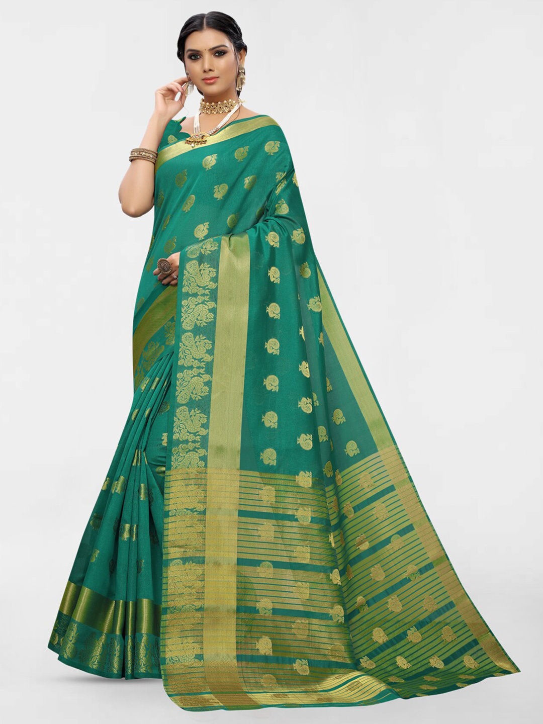 

KALINI Ethnic Motifs Woven Design Zari Silk Blend Saree, Green