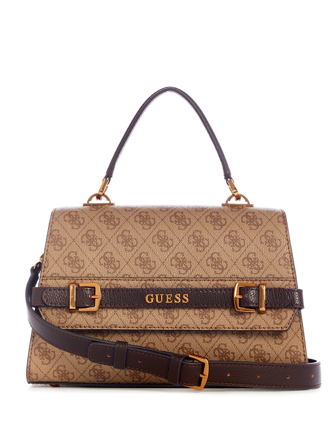 

GUESS Brand Logo Printed Structured Satchel Bag with Buckle Detail, Brown