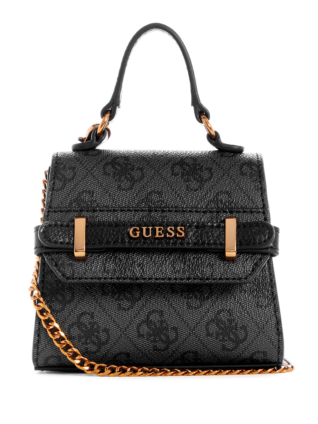 

GUESS Brand Logo Printed Structured Small Satchel Bag with Brand Logo Detail, Black
