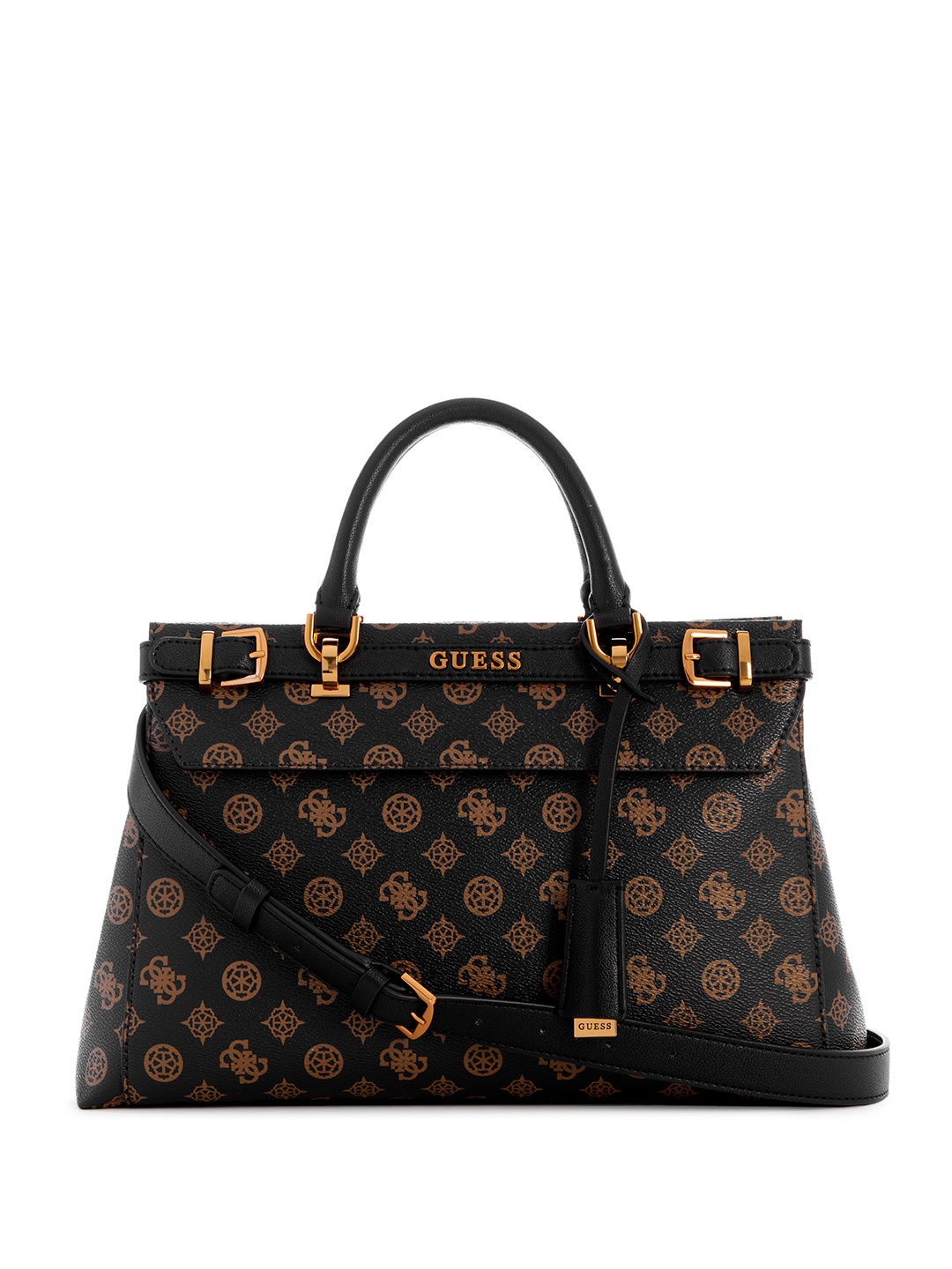 

GUESS Brand Logo Print Structured Handheld Bag, Black