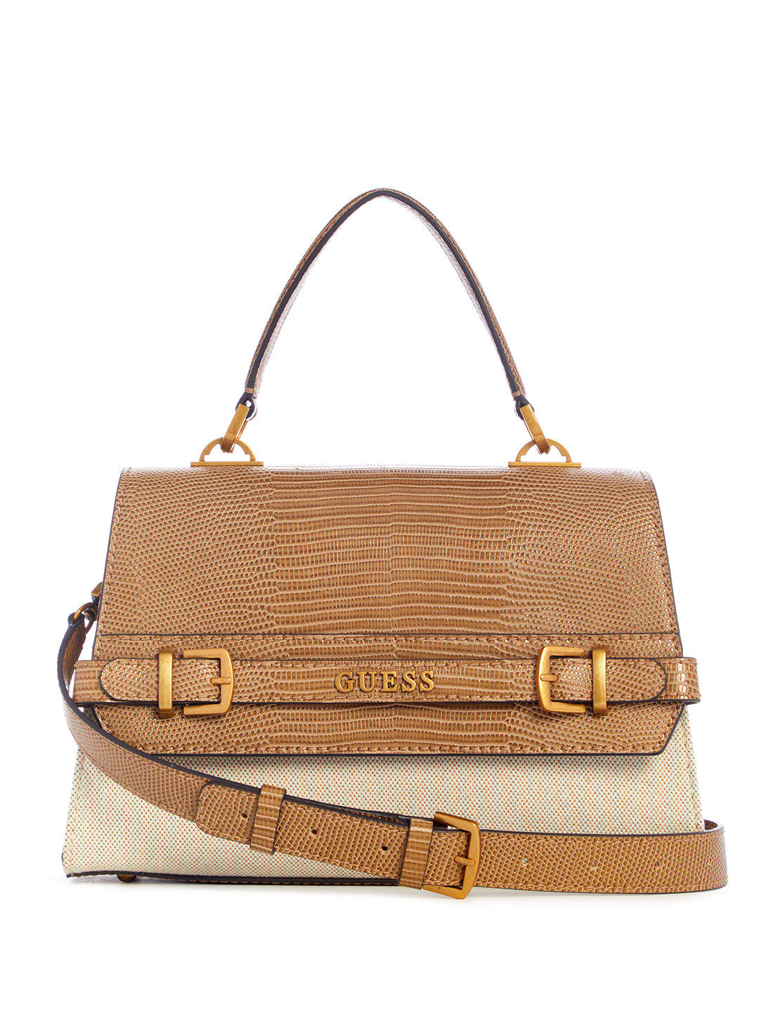 

GUESS Snake Skin Textured Structured Satchel Bag, Tan