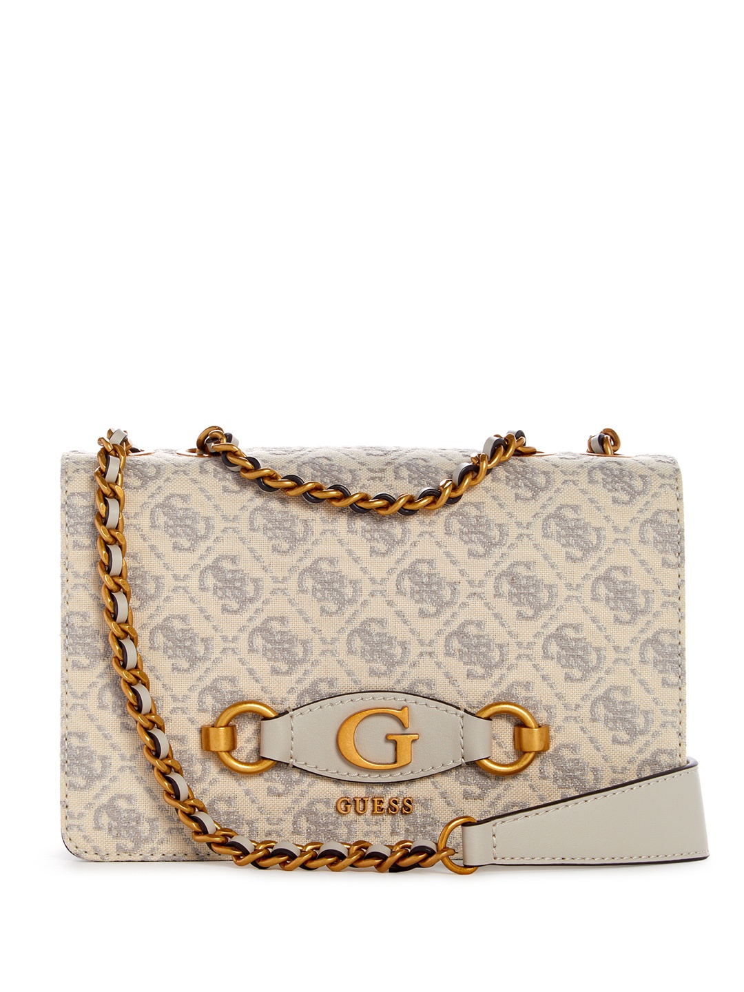 

GUESS Brand Logo Self Design Structured Sling Bag, Off white