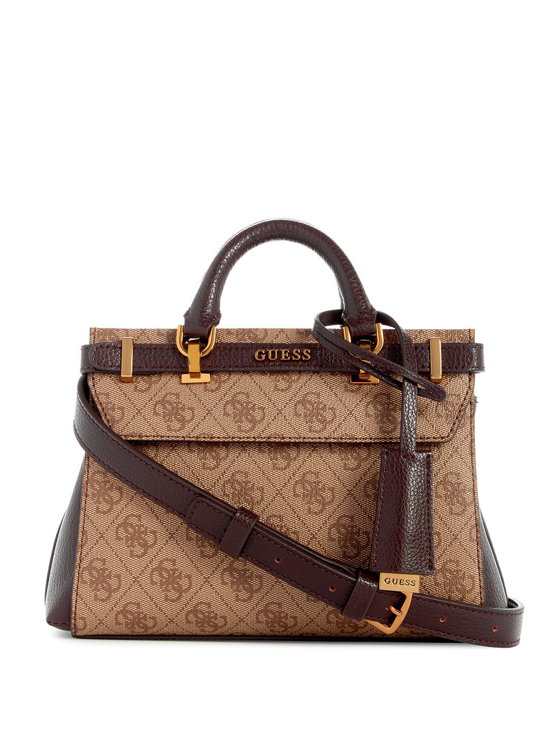 

GUESS Brand Logo Printed Structured Handheld Bag, Brown