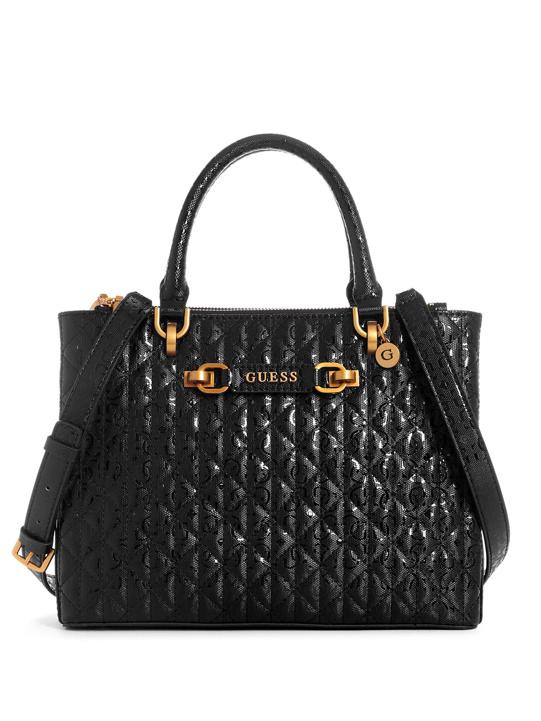 

GUESS Brand Logo Textured Structured Handheld Bag, Black