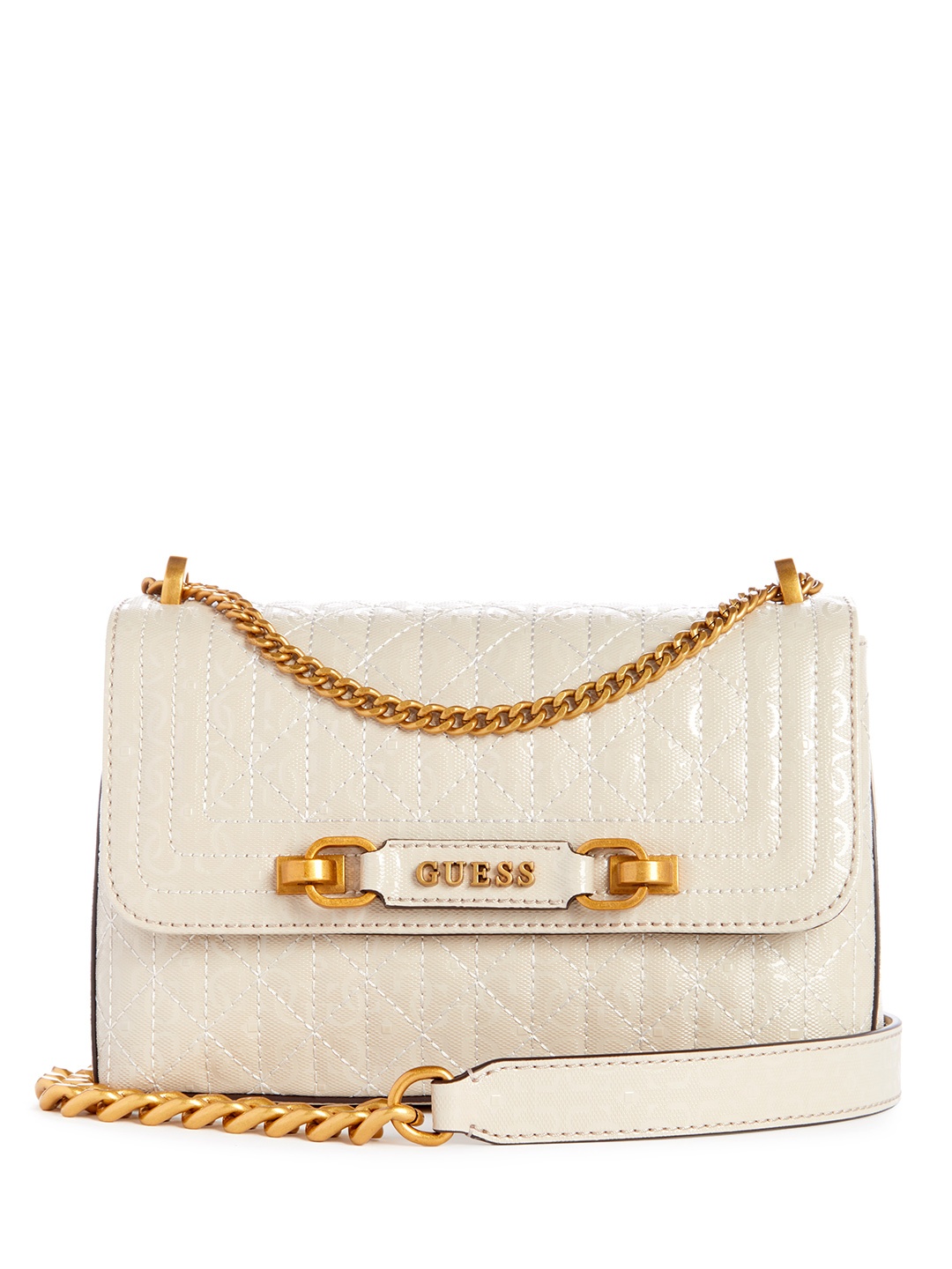 

GUESS Brand Logo Textured Structured Sling Bag, Beige