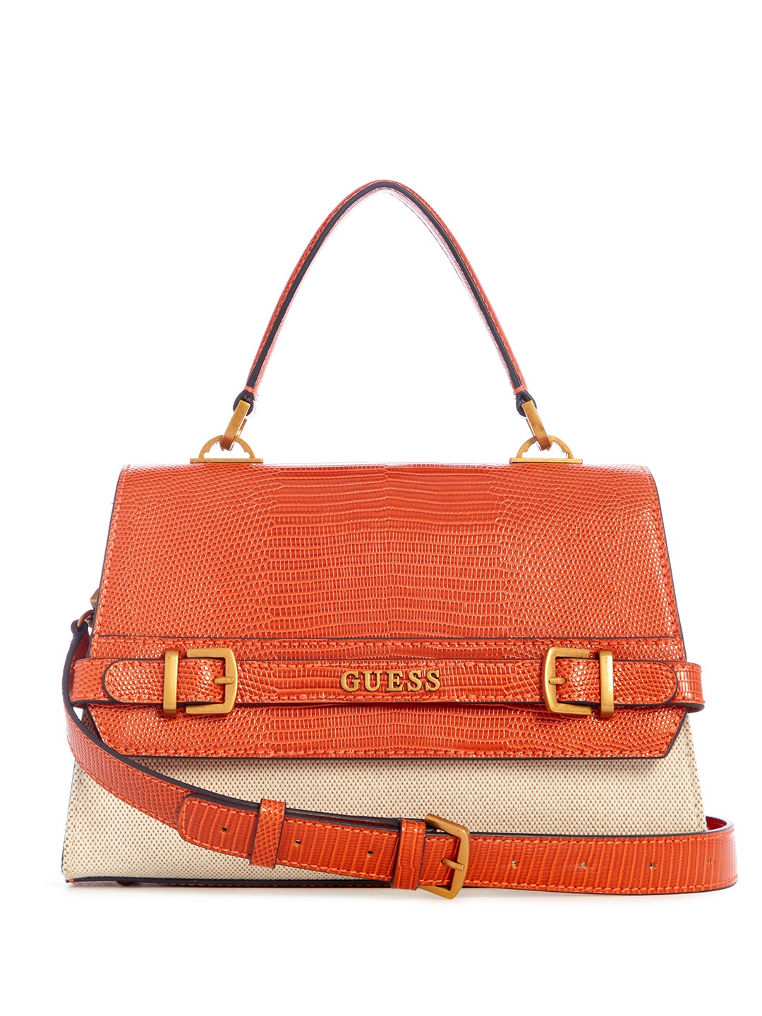 

GUESS Snake Skin Textured Structured Satchel, Orange