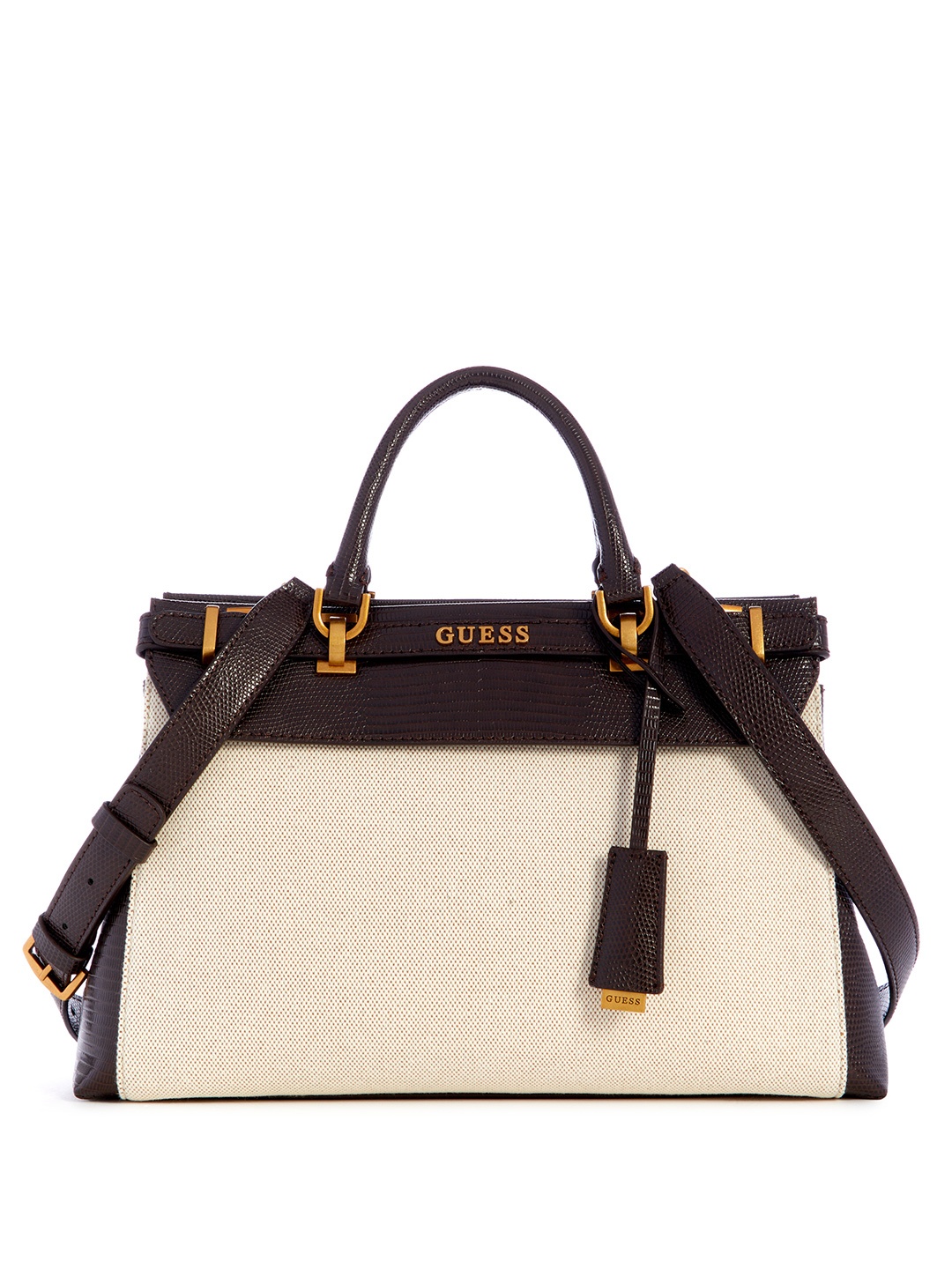 

GUESS Woven Design Structured Handheld Bag with Snake Skin Textured & Buckle Detail, Off white