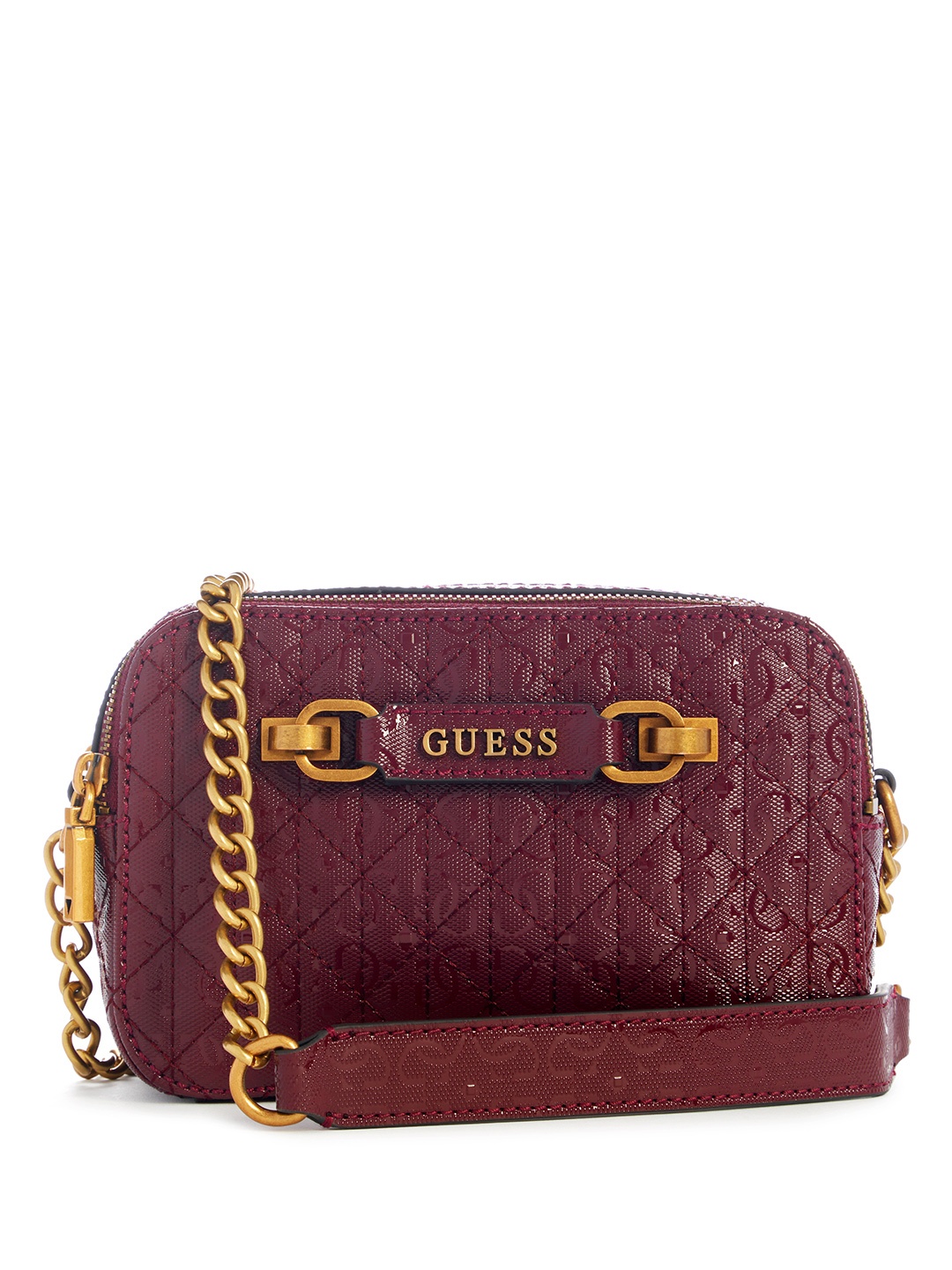

GUESS Brand Logo Textured Structured Sling Bag, Maroon