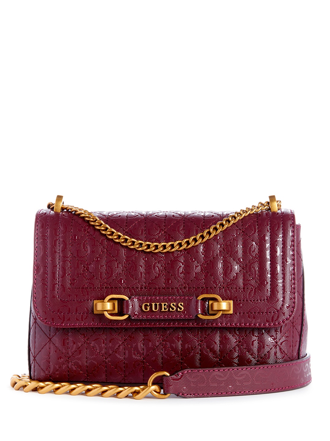 

GUESS Brand Logo Textured Structured Sling Bag with Quilted Detail, Maroon