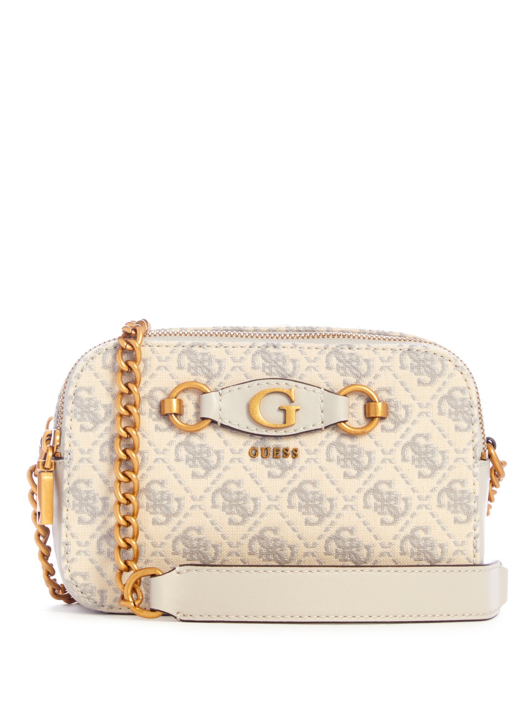 

GUESS Brand Logo Self Design Structured Sling Bag, Off white