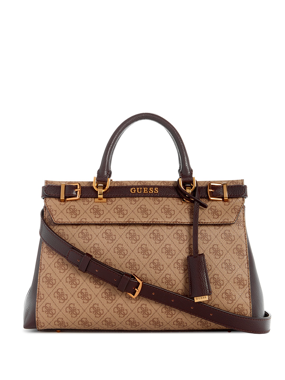 

GUESS Brand Logo Printed Structured Handheld Bag, Brown