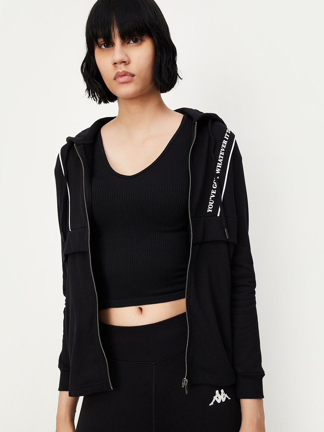 

max Typography Printed Hooded Pure Cotton Front Open Sweatshirt, Black