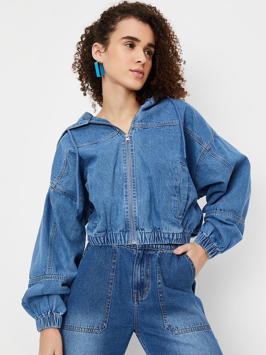 

max Washed Pure Cotton Hooded Denim Jacket, Blue