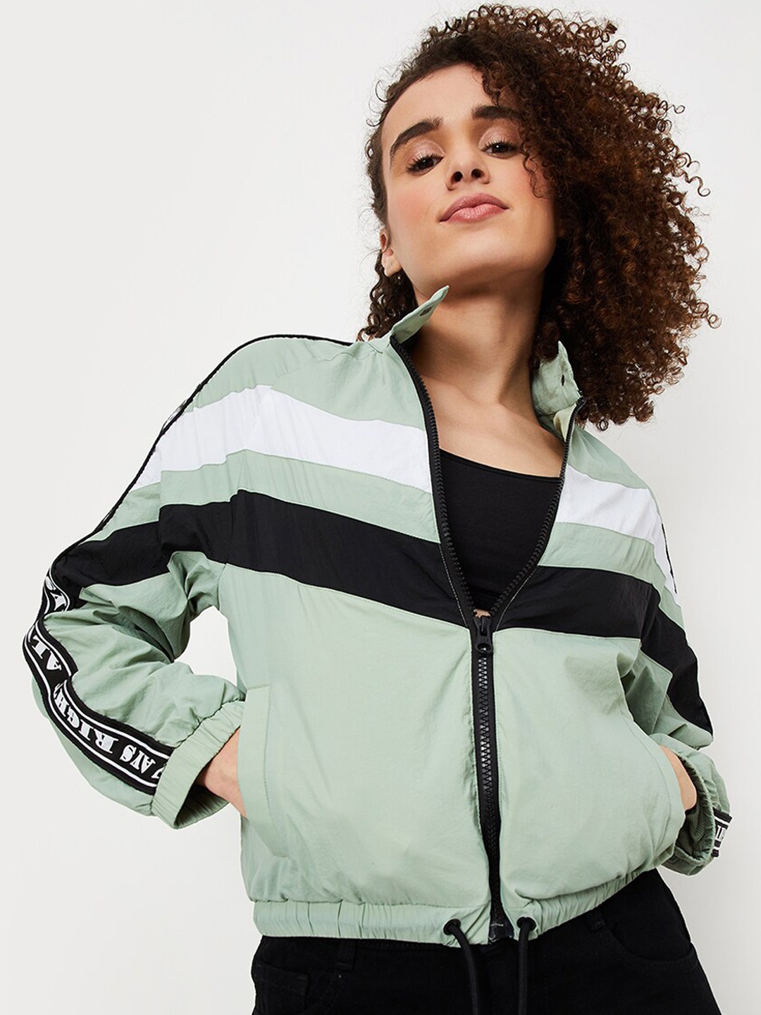 

max Colourblocked Pure Cotton Crop Bomber Jacket, Green