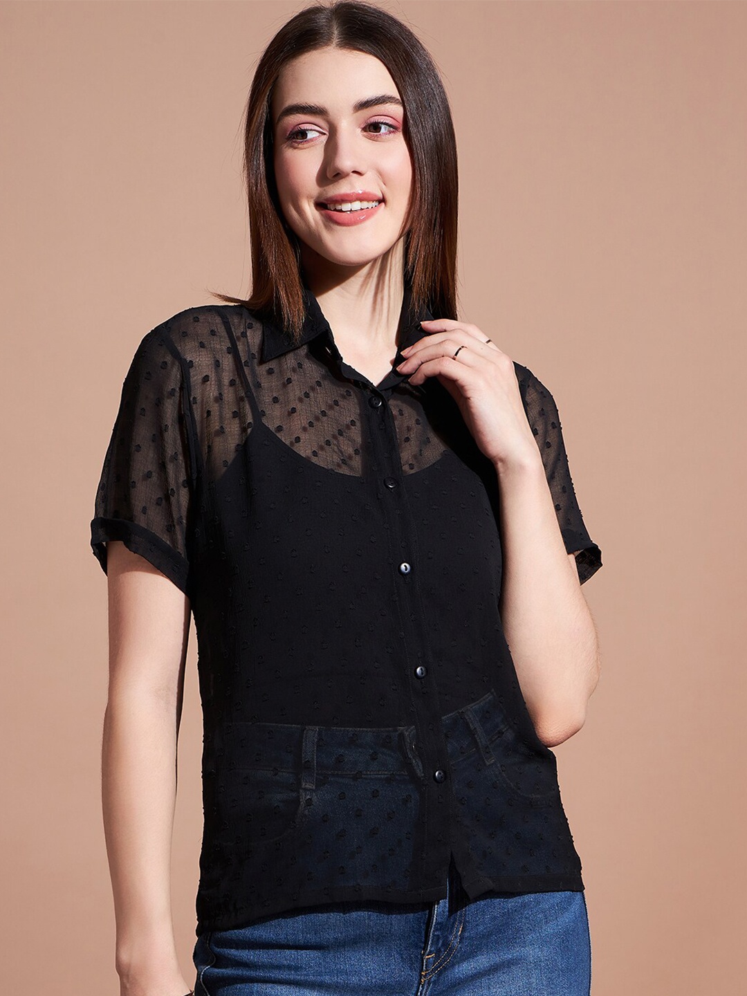 

DressBerry Self Design Semi Sheer Comfort Georgette Dobby Shirt, Black