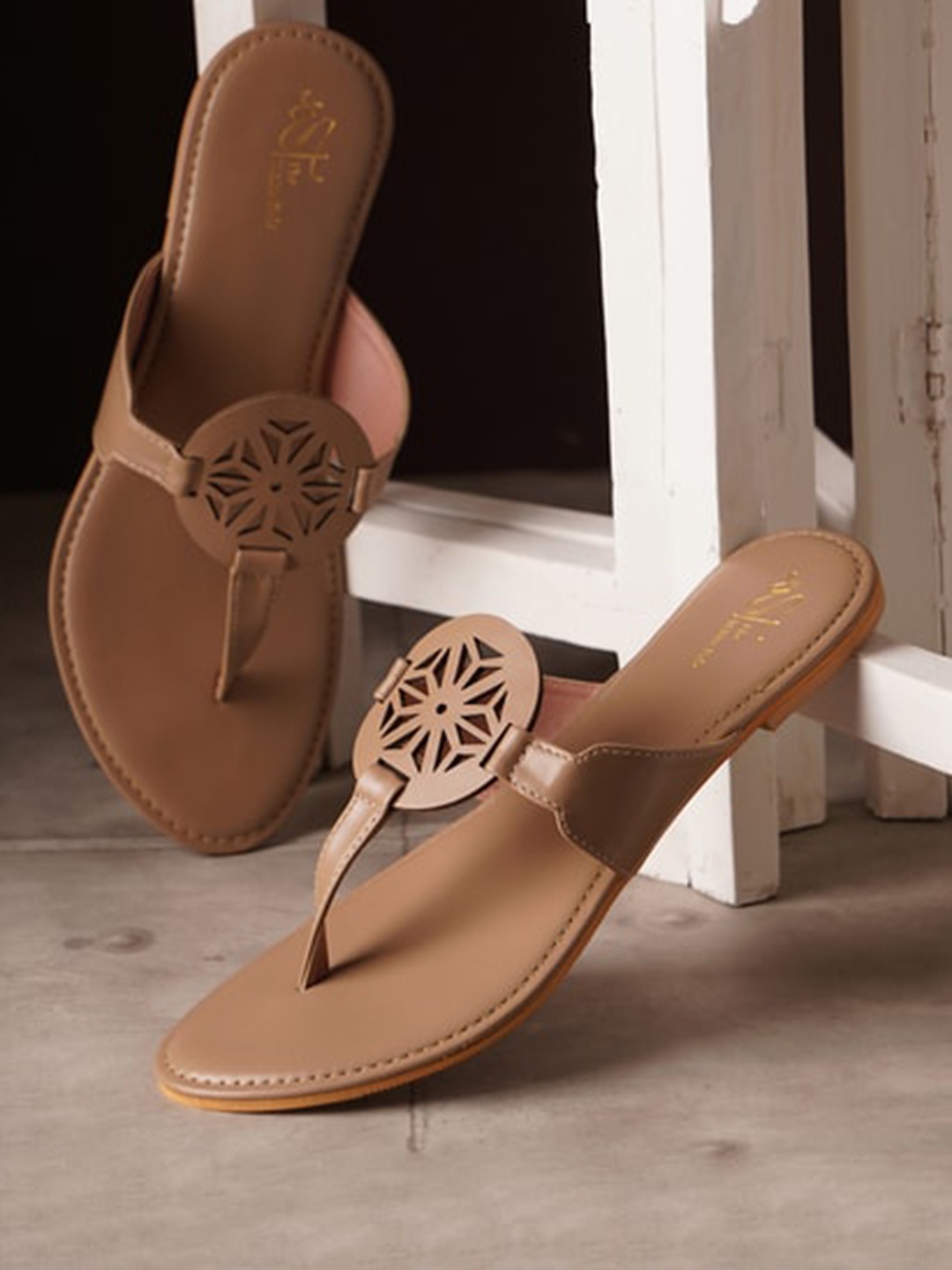 

THE WHITE POLE Laser Cuts Open Toe Flats, Beige
