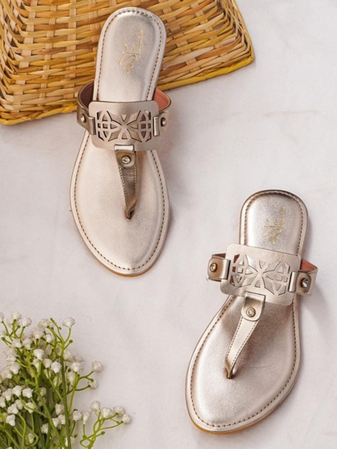 

THE WHITE POLE Textured T-Strap Flats With Laser Cuts, Rose gold