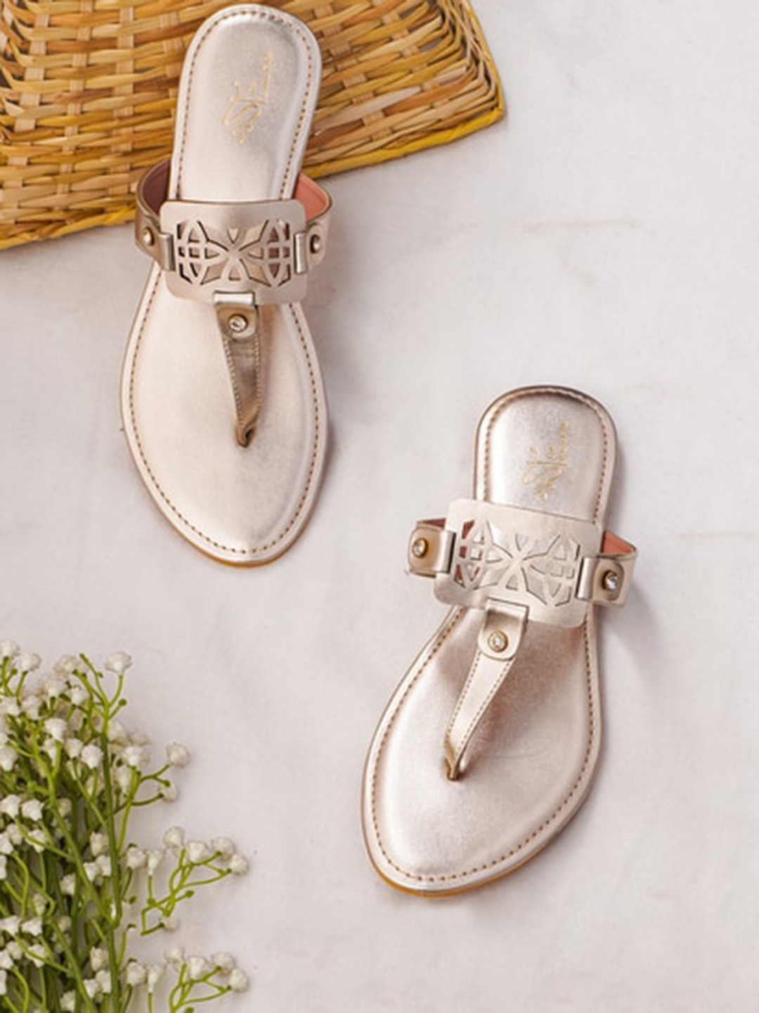 

THE WHITE POLE Ethnic T-Strap Flats with Laser Cuts, Gold