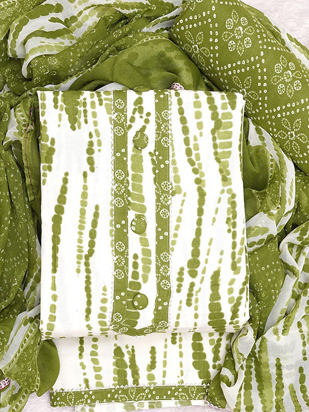 

KALINI Bandhani Printed Unstitched Dress Material, Lime green