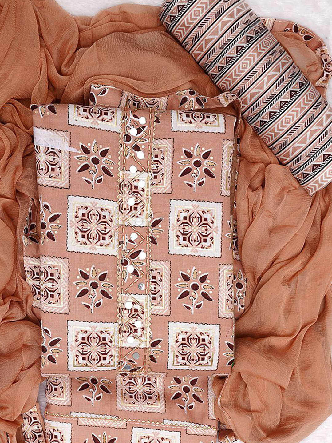 

KALINI Ethnic Motifs Printed Mirror Work Unstitched Dress Material, Peach