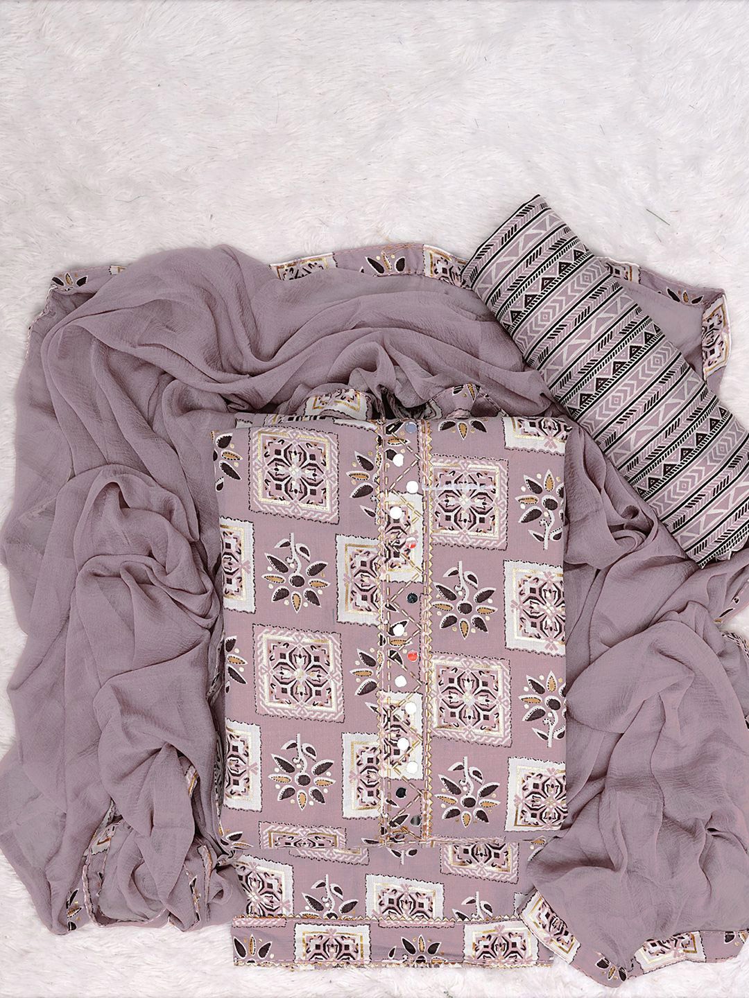 

KALINI Ethnic Motifs Printed Mirror Work Unstitched Dress Material, Pink