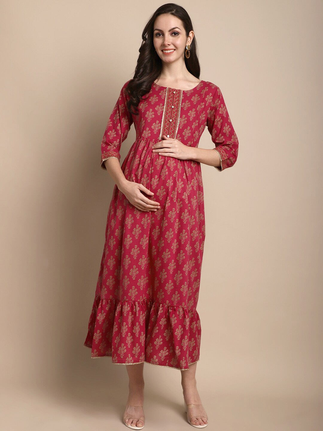 

KALINI Floral Printed Cotton Maternity Fit and Flare Midi Ethnic Dress, Maroon