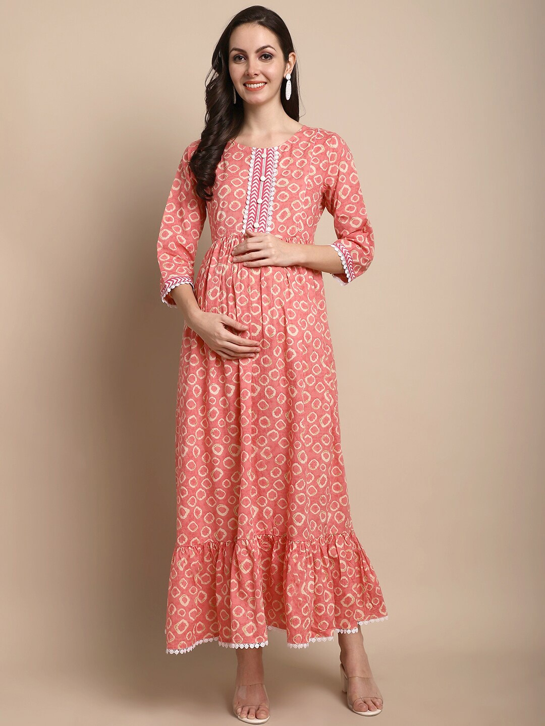 

KALINI Abstract Printed Maternity Cotton Maxi Dress, Peach