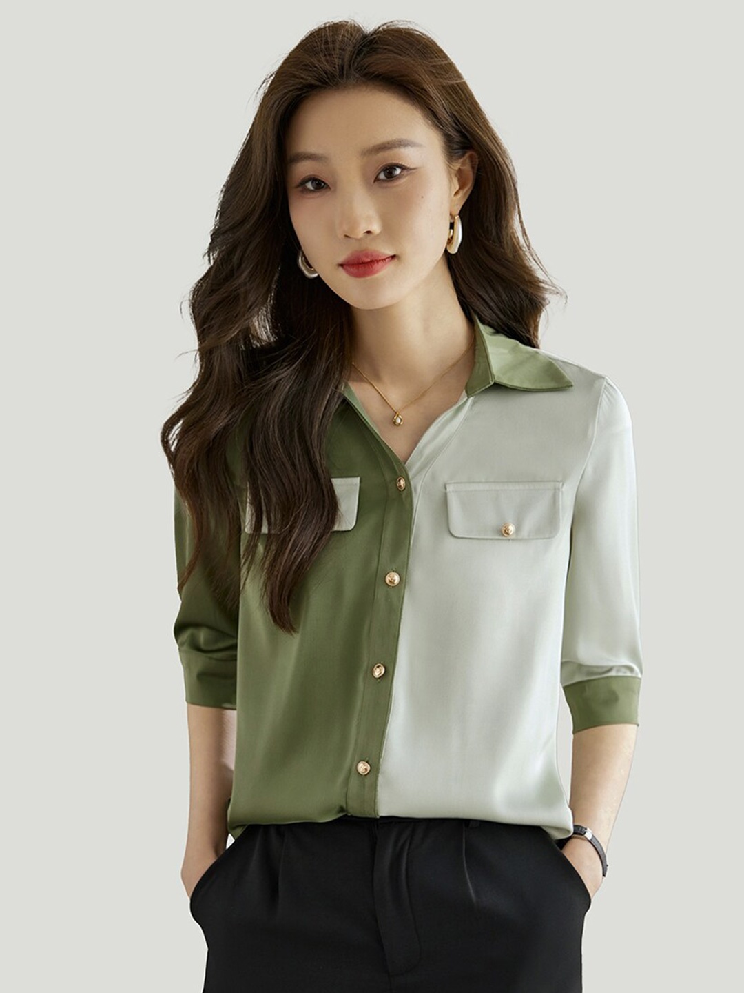 

JC Collection Colourblocked Spread Collar Casual Shirt, Green