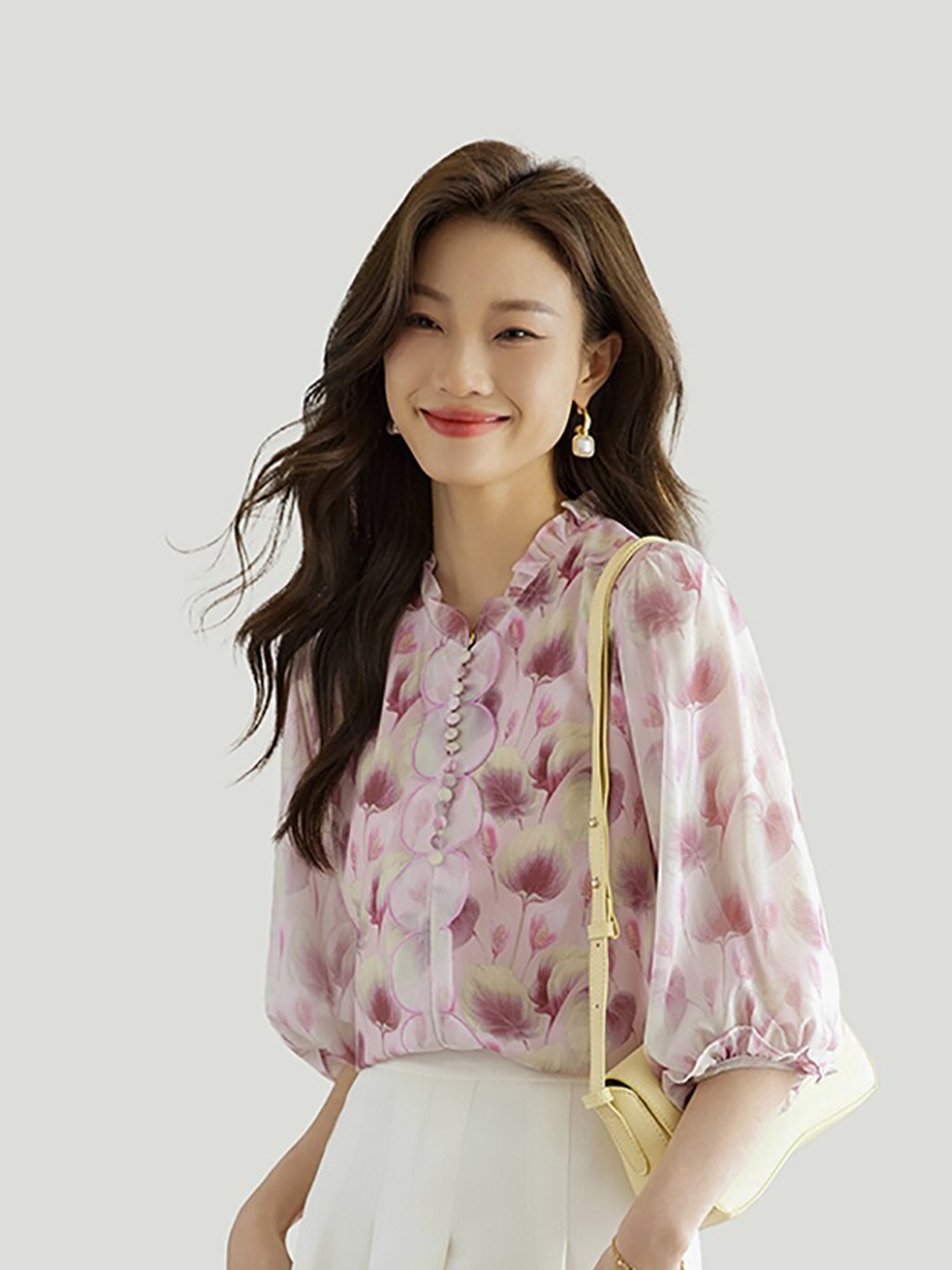 

JC Collection Floral Printed High Neck Shirt Style Top, Pink