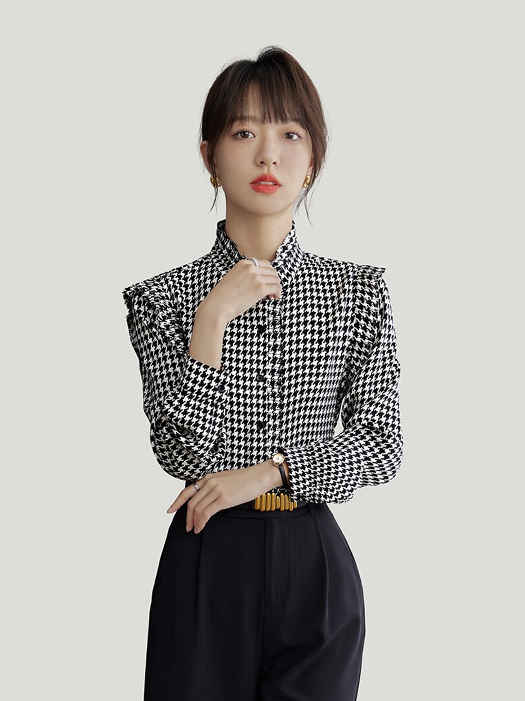 

JC Collection Checked High Neck Shirt Style Top, Black