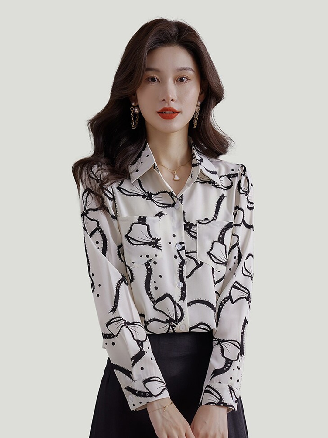 

JC Collection Conversational Printed Puff Sleeves Casual Shirt, White