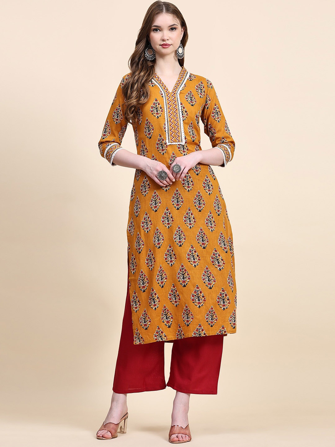 

Nimidiya Ethnic Motifs Printed Pure Cotton Kurta With Trousers, Mustard