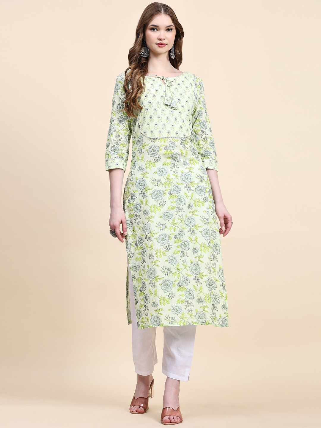 

Nimidiya Floral Printed Regular Pure Cotton Kurta With Trousers, Green