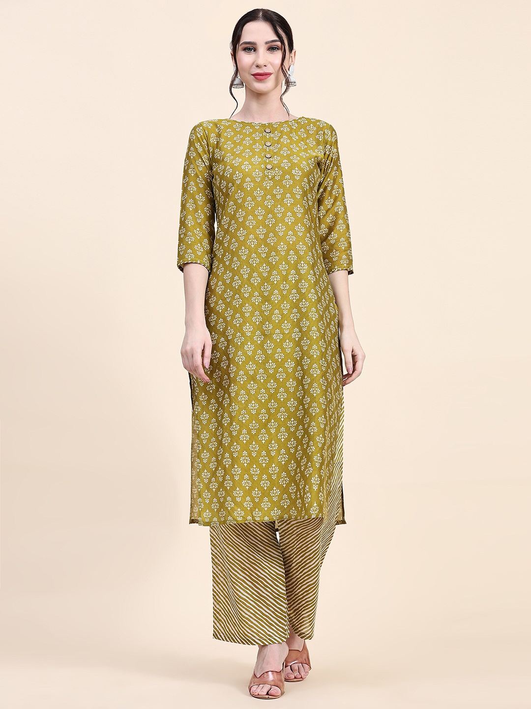 

Nimidiya Ethnic Motifs Printed Regular Pure Cotton Kurta With Trousers, Green